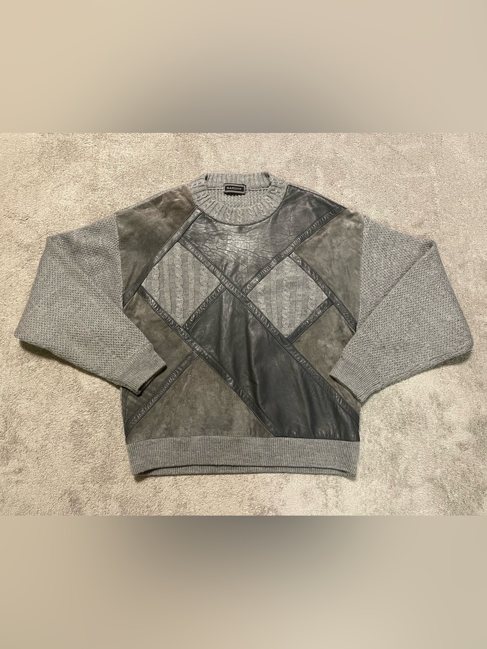 Vintage Saxony Wool Blend & Leather Patchwork Sweater Mens XL Gray Boxy